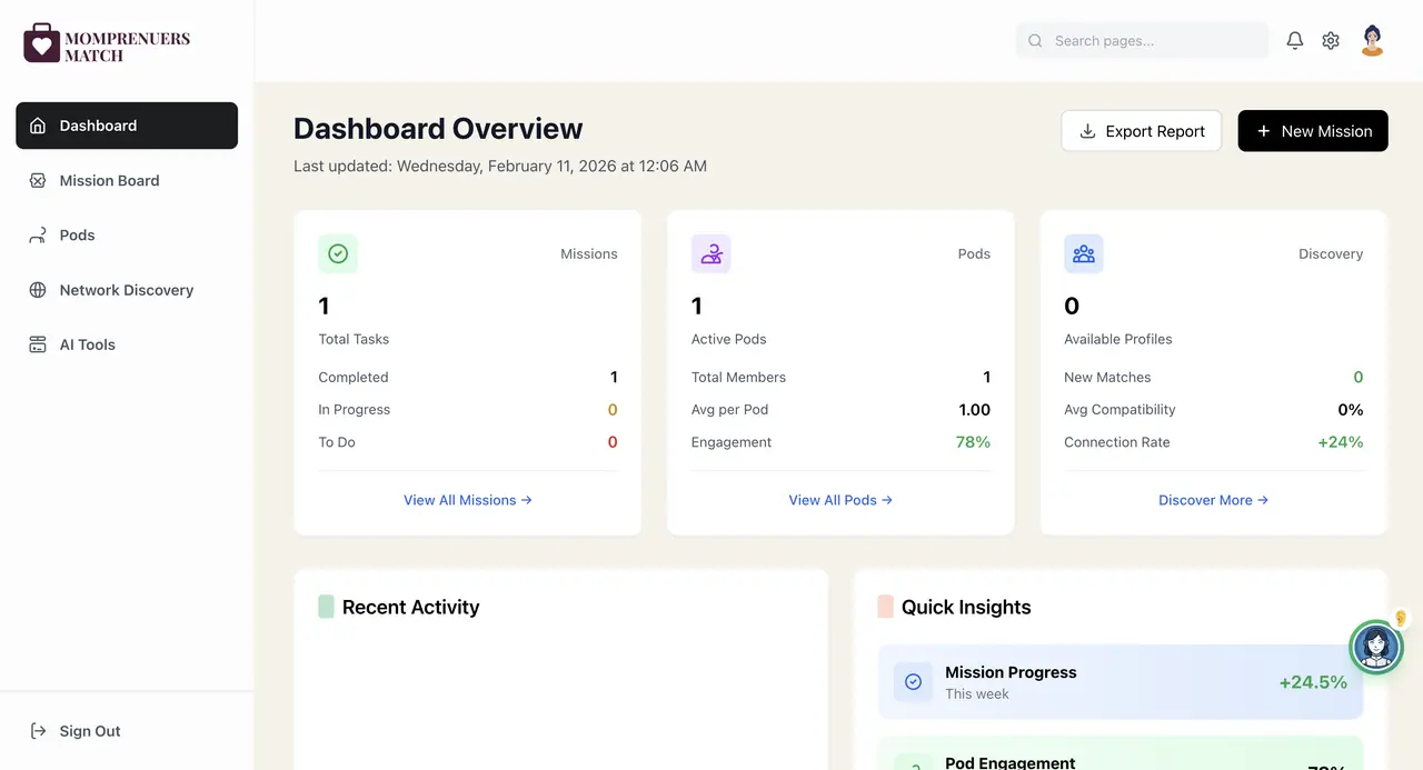 Momspreneur Match — execution platform